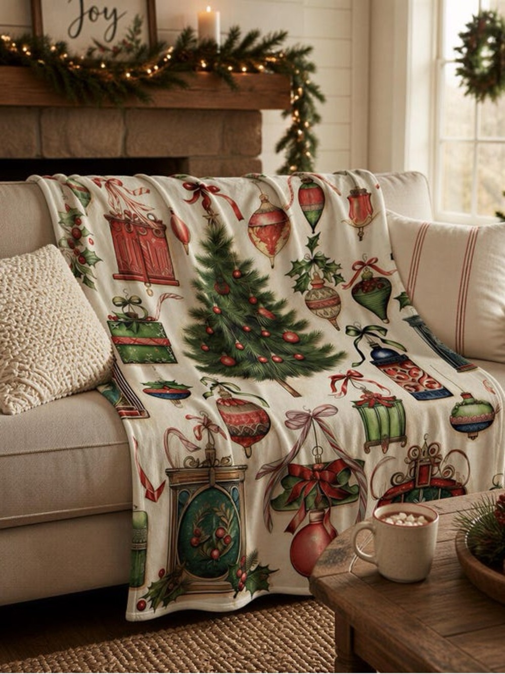 Holiday Christmas Tree and Ornaments Throw Blanket - Festive Green